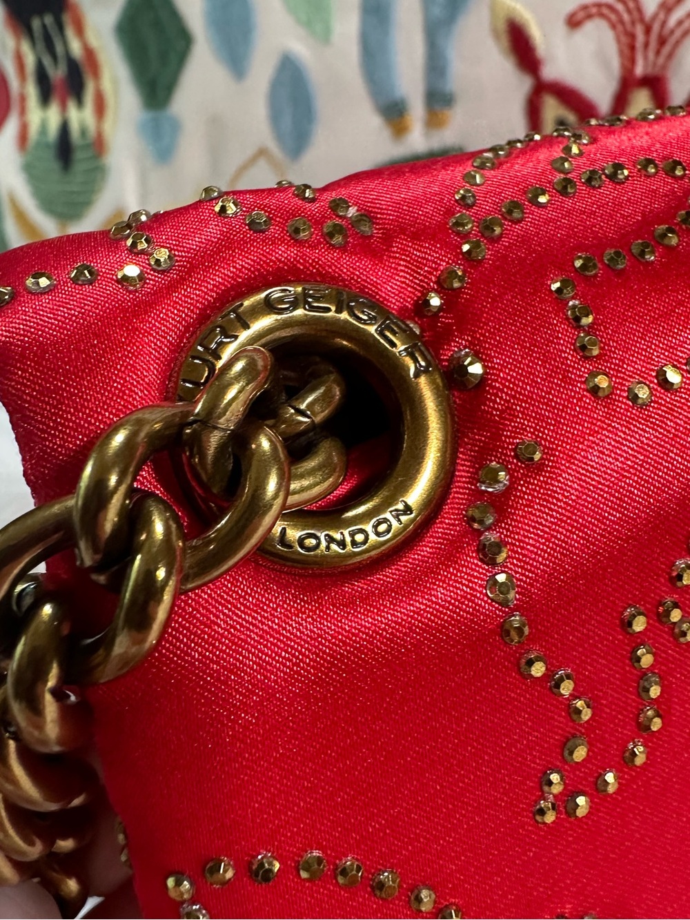 Kurt Geiger • Red Satin Kensington with Rabbit Print Glass Rhinestones Purse - Picture 4 of 17